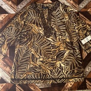 Jones New York Brown and Gold Leaf-Print Tunic with Embroidered Neckline